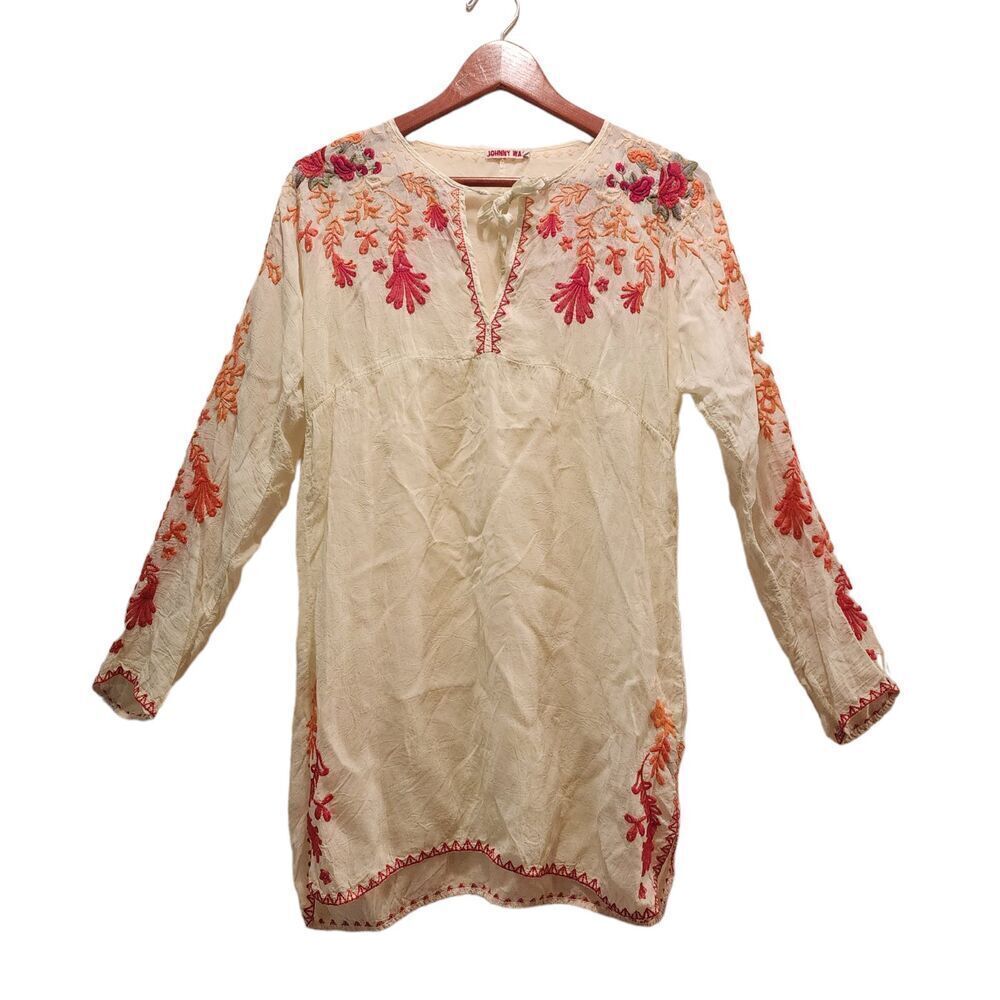 Johnny Was Women Cream Embroidered Cupra Rayon Keyhole Neck Tunic Top Size Small